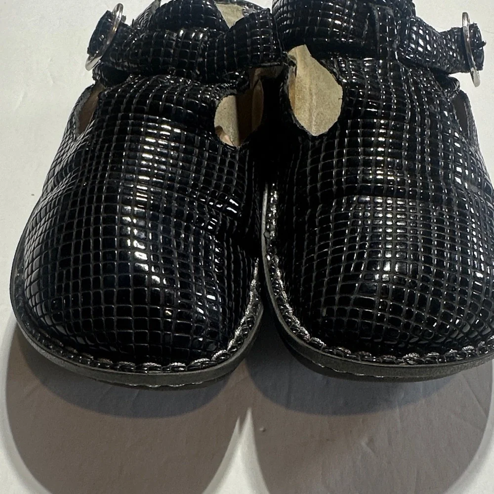 Alegria Black snakeskin Glossy Mary Jane slip on clogs w adjustable side strap - Picture 3 of 11